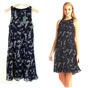 NWT Lauren Ralph Lauren Floral A-line Dress Navy Blue Chiffon Size 8